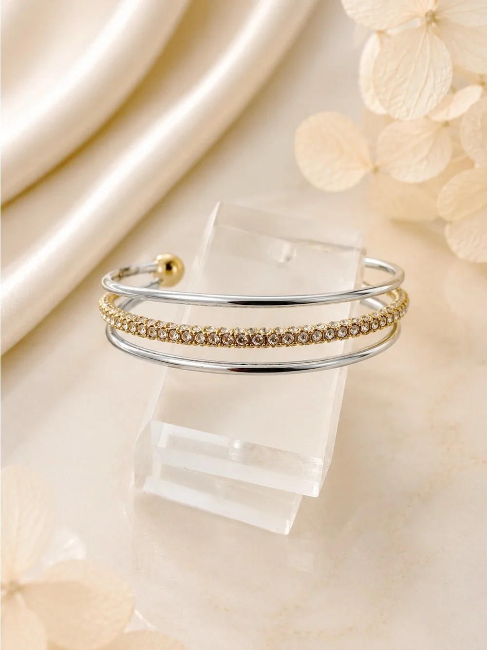 Tory Burch Crystal Logo Open Cuff Bracelet Two-Tone Gold Silver Tone